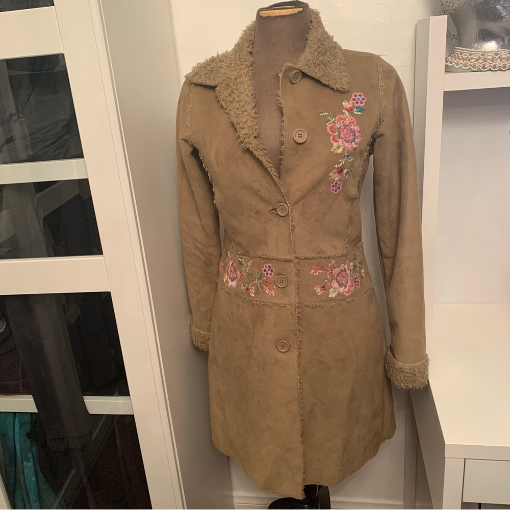 United Colors of Benetton Faux Suede Coat Womens Tan Good Floral Penny Lane Boho